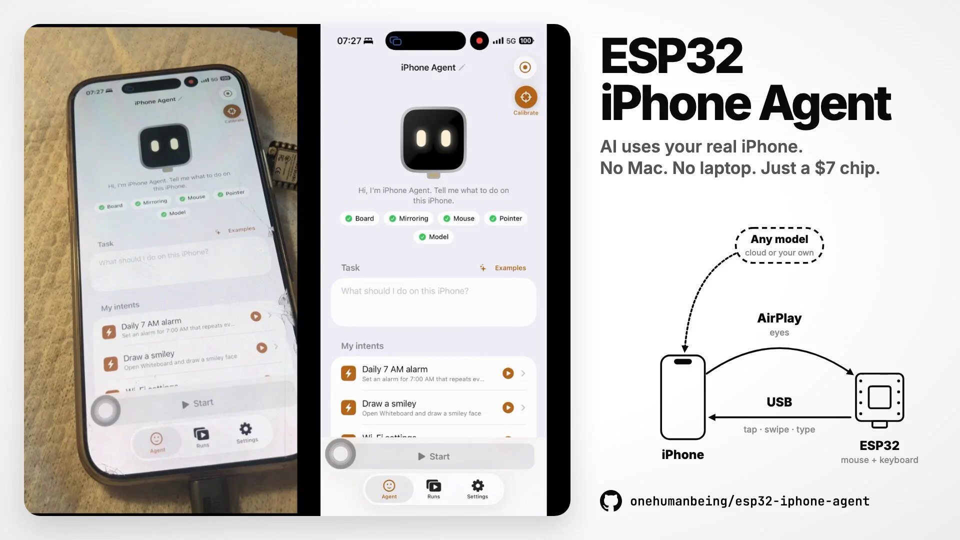 Henry (@iamhenryyuan) — Updated: A $7 ESP32 lets an AI agent control a stock iPhone. THAT'S ALL. New version, no Linux box, no laptop.