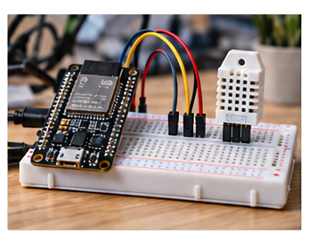 ESP32 connected to a sensor on a breadboard