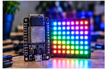 ESP32 board beside a colorful addressable LED matrix